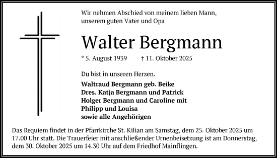 Traueranzeige von Walter Bergmann von OF0L