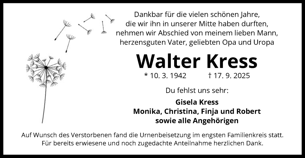  Traueranzeige für Walter Kress vom 11.10.2025 aus OFHA