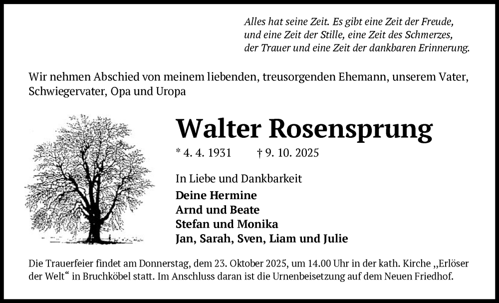  Traueranzeige für Walter Rosensprung vom 18.10.2025 aus OFHA