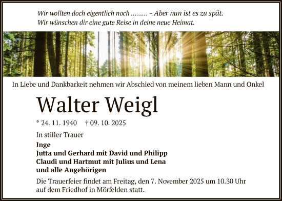 Traueranzeige von Walter Weigl von OFMF