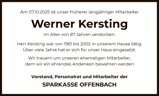 Traueranzeige von Werner Kersting von OFOP