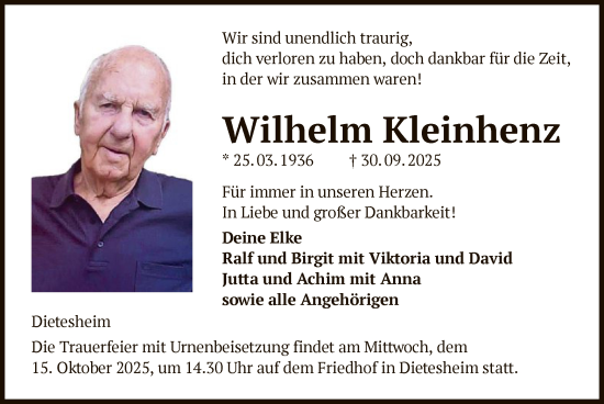 Traueranzeige von Wilhelm Kleinhenz von OFOP