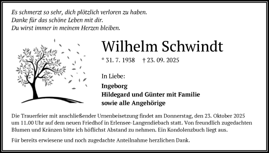 Traueranzeige von Wilhelm Schwindt von OFHA