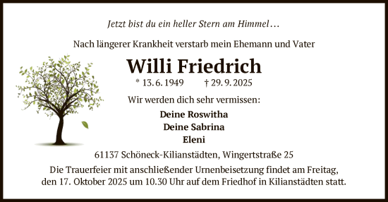Traueranzeige von Willi Friedrich von OFHA