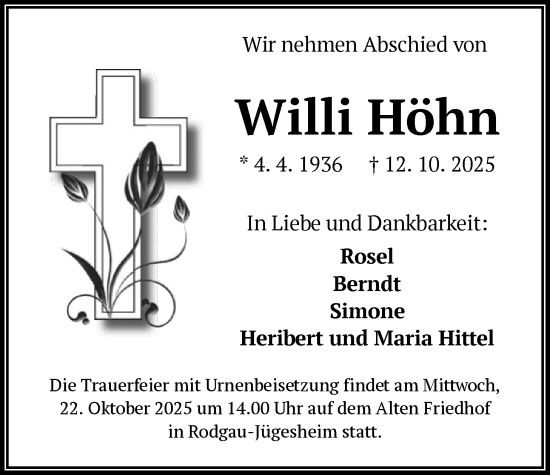 Traueranzeige von Willi Höhn von OFOP