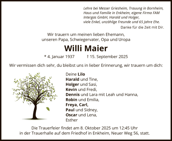 Traueranzeige von Willi Maier von BOWO