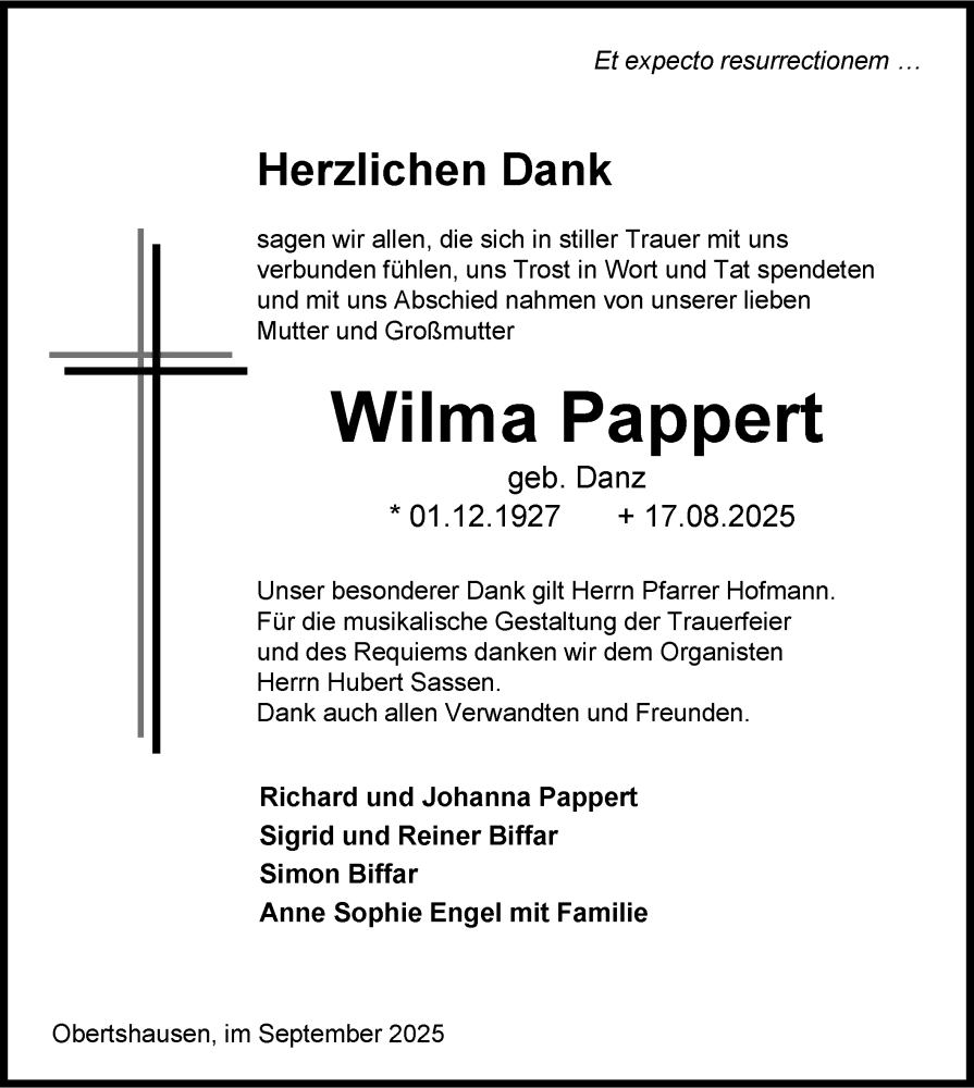 Traueranzeige für Wilma Pappert vom 04.10.2025 aus OFOP