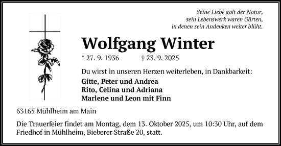 Traueranzeige von Wolfgang Winter von OFOP