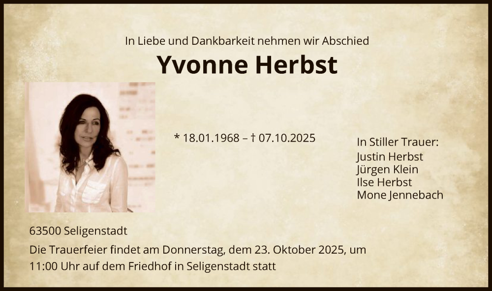  Traueranzeige für Yvonne Herbst vom 18.10.2025 aus OF0L
