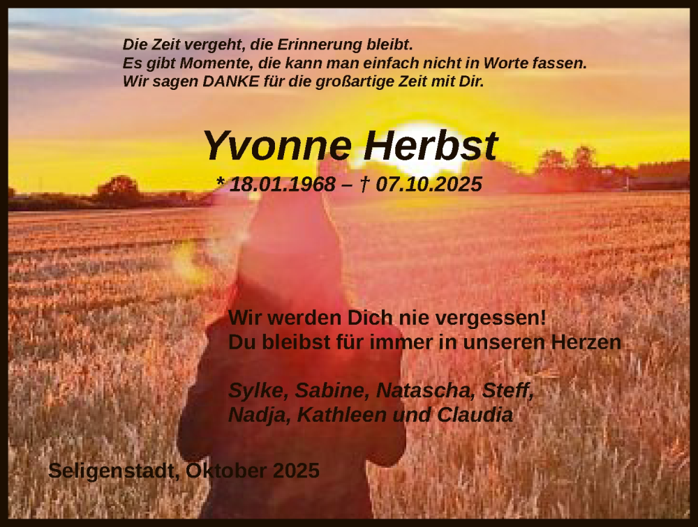  Traueranzeige für Yvonne Herbst vom 18.10.2025 aus OF0L