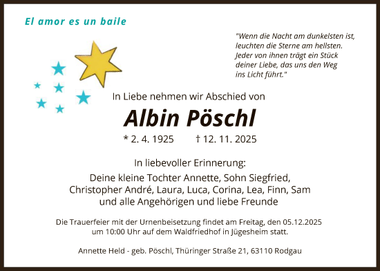 Traueranzeige von Albin Pöschl von OFOP