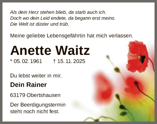 Traueranzeige von Anette Waitz von OFOP