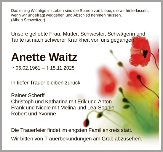 Traueranzeige von Anette Waitz von OFOP