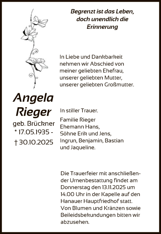 Traueranzeige von Angela Rieger von OFHA