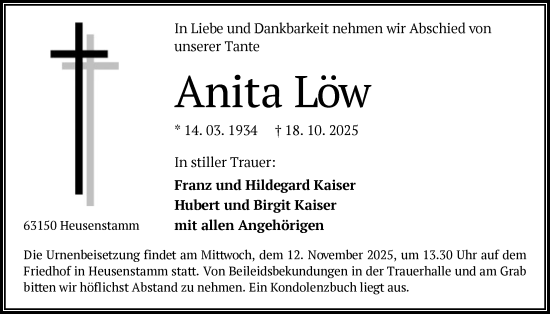 Traueranzeige von Anita Löw von OFOP
