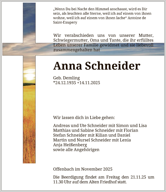 Traueranzeige von Anna Schneider von OFOP