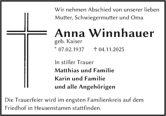 Traueranzeige von Anna Winnhauer von OFOP