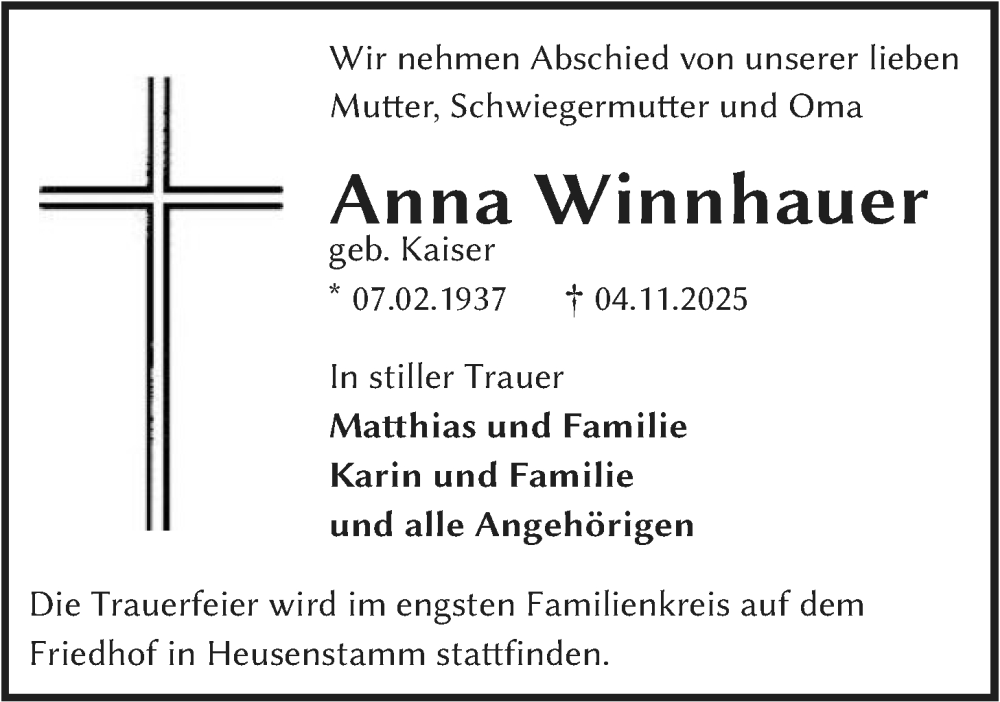  Traueranzeige für Anna Winnhauer vom 08.11.2025 aus OFOP