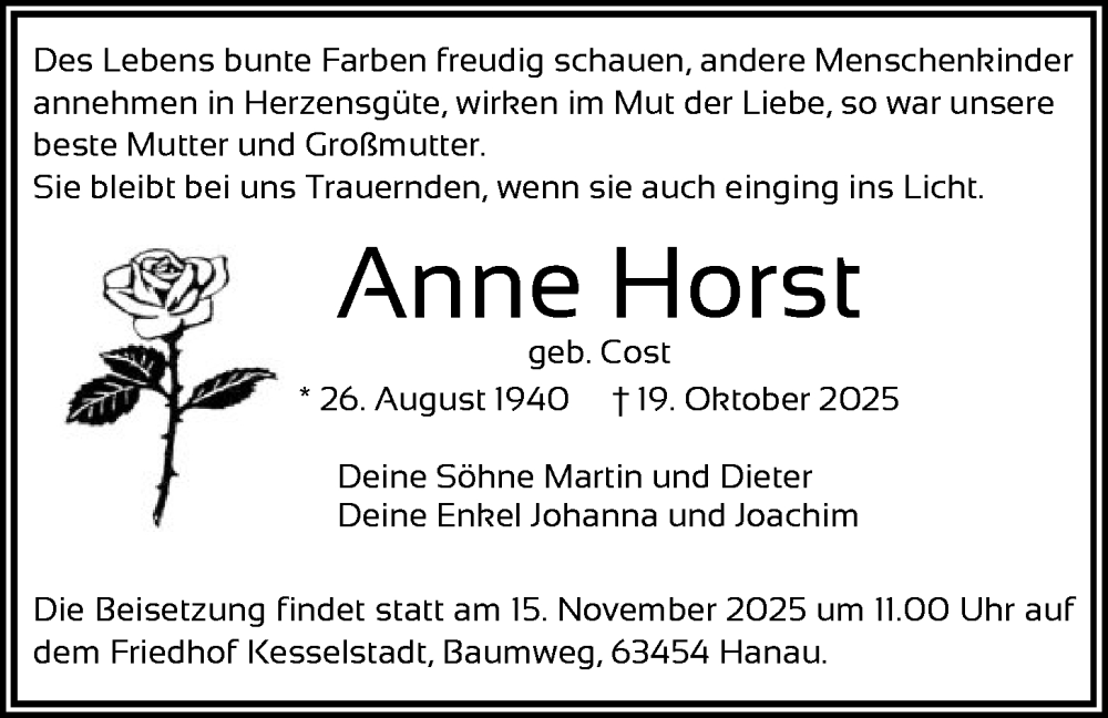  Traueranzeige für Anne Horst vom 01.11.2025 aus OFHA