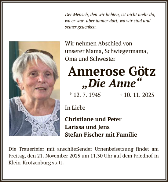Traueranzeige von Annerose Götz von OF0L