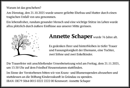 Traueranzeige von Annette Schaper von OF0T