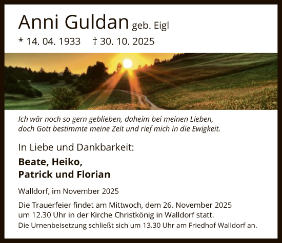 Traueranzeige von Anni Guldan von OFMF