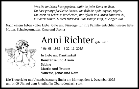 Traueranzeige von Anni Richter von OFHA