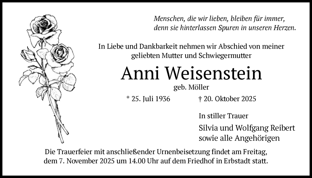  Traueranzeige für Anni Weisenstein vom 01.11.2025 aus OFHA