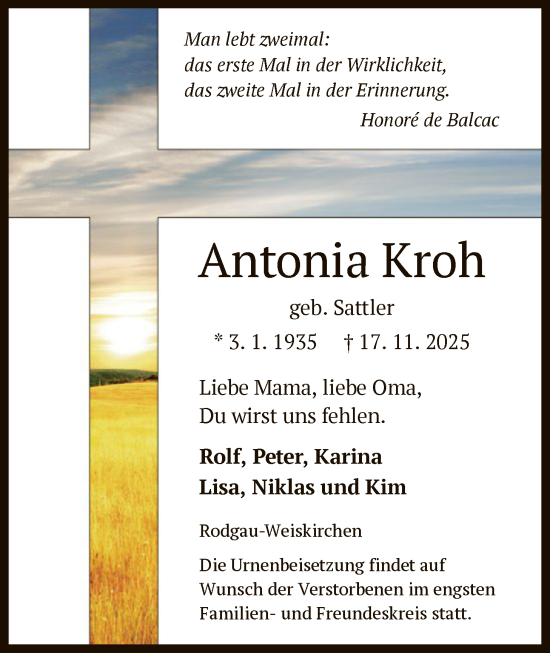 Traueranzeige von Antonia Kroh von OFOP