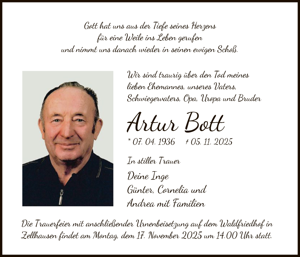  Traueranzeige für Artur Bott vom 15.11.2025 aus OFOP