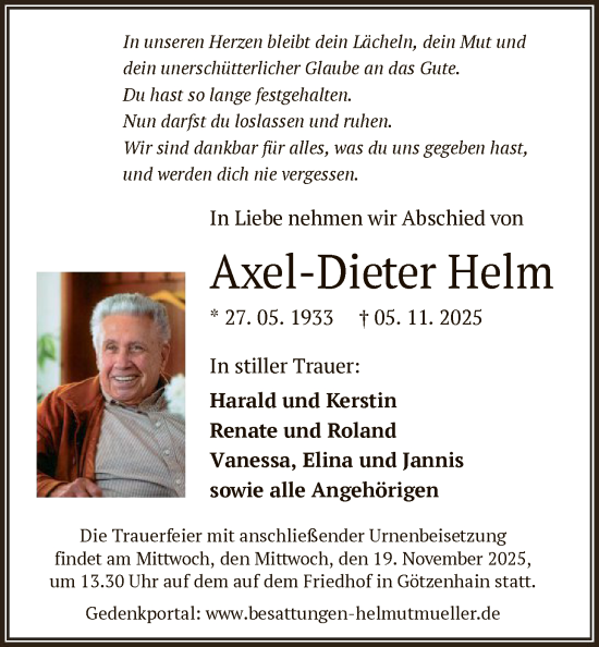 Traueranzeige von Axel-Dieter Helm von OF0W