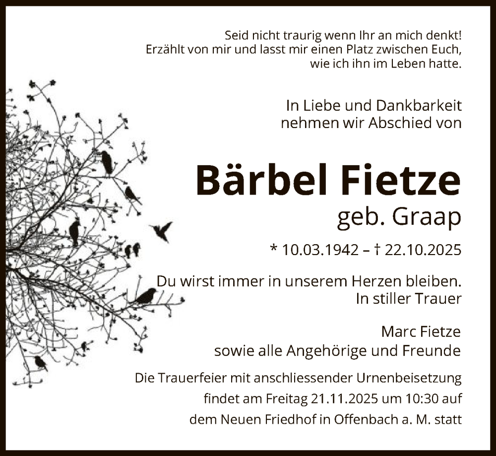  Traueranzeige für Bärbel Fietze vom 15.11.2025 aus OFOP