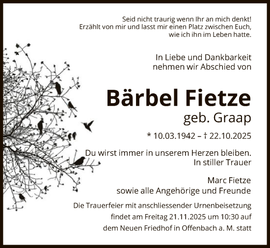 Traueranzeige von Bärbel Fietze von OFOP