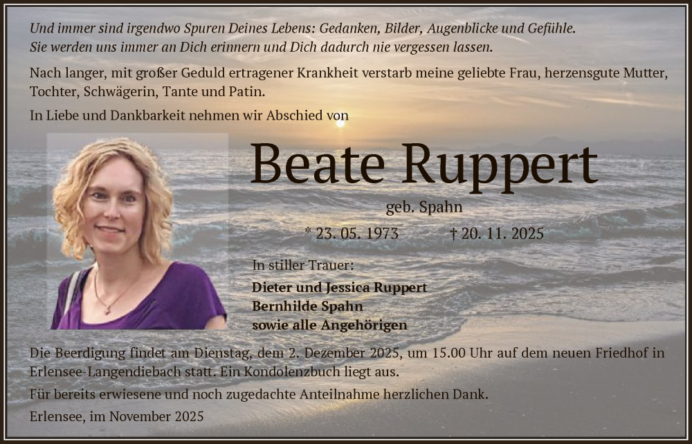  Traueranzeige für Beate Ruppert vom 29.11.2025 aus OFHA