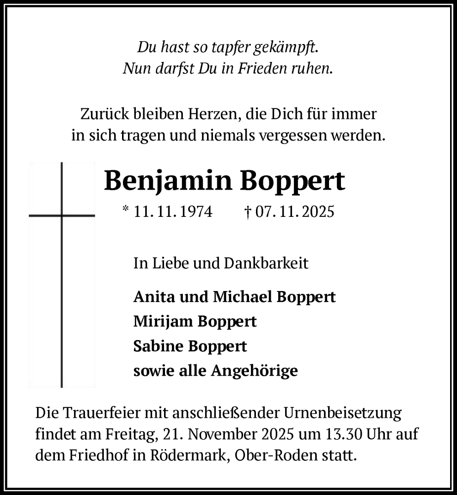  Traueranzeige für Benjamin Boppert vom 15.11.2025 aus OF0L
