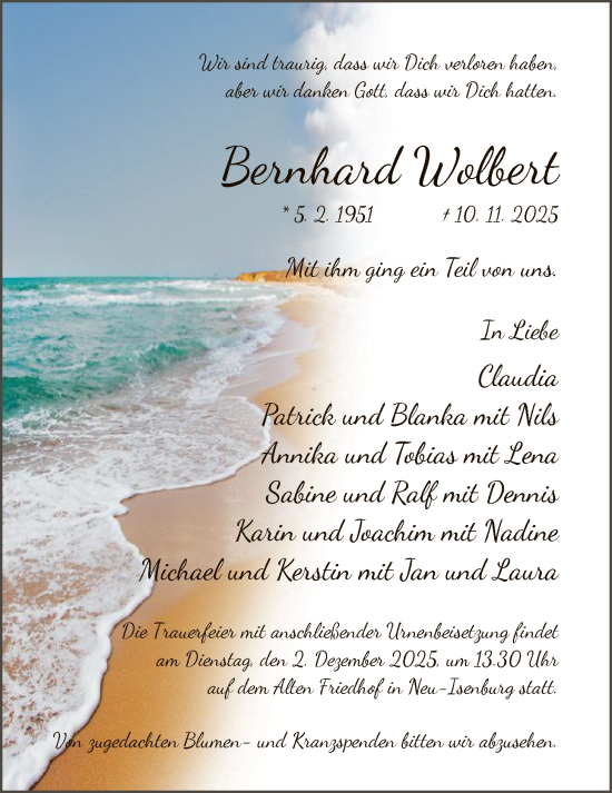 Traueranzeige von Bernhard Wolbert von OF0W