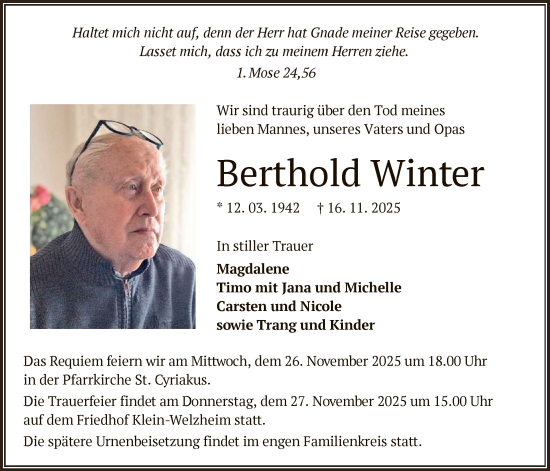 Traueranzeige von Berthold Winter von OF0L