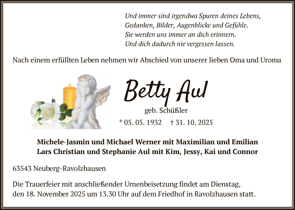  Traueranzeige für Betty Aul vom 08.11.2025 aus OFHA