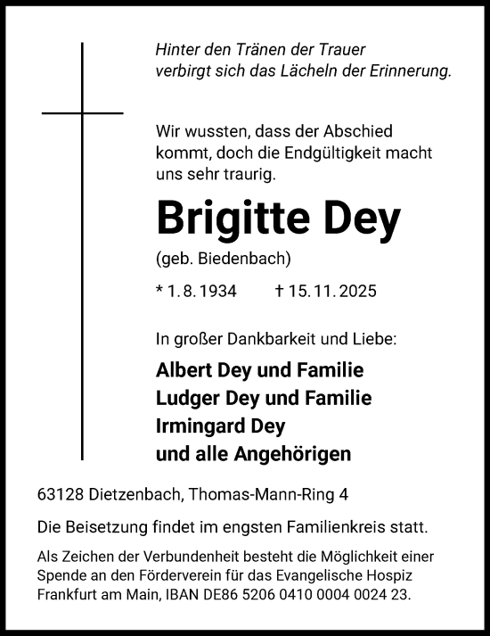 Traueranzeige von Brigitte Dey von OF0L