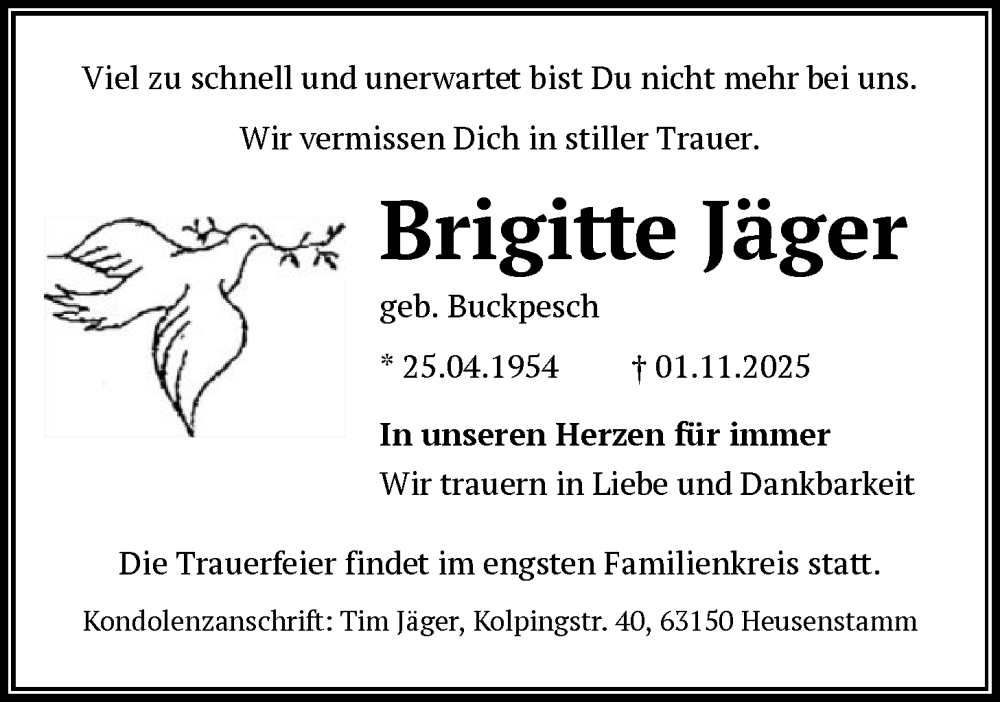  Traueranzeige für Brigitte Jäger vom 15.11.2025 aus OFOP