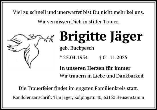 Traueranzeige von Brigitte Jäger von OFOP