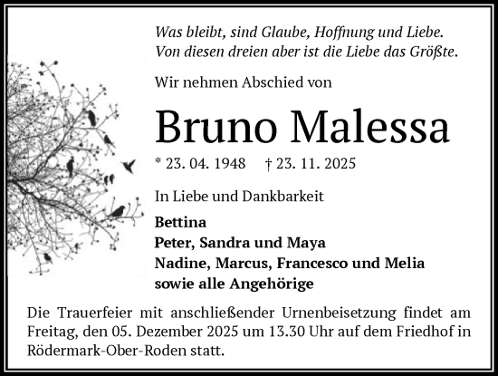 Traueranzeige von Bruno Malessa von OF0L