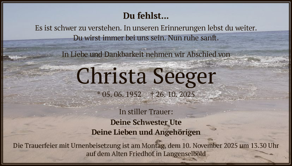  Traueranzeige für Christa Seeger vom 08.11.2025 aus OFHA