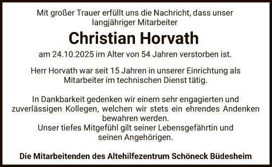 Traueranzeige von Christian Horvath von OFHA