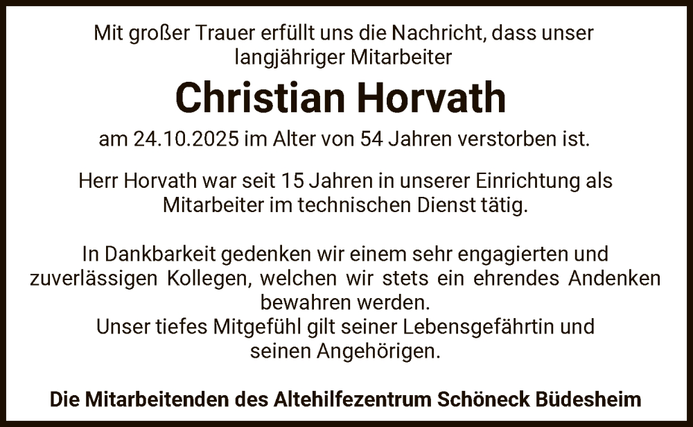  Traueranzeige für Christian Horvath vom 08.11.2025 aus OFHA