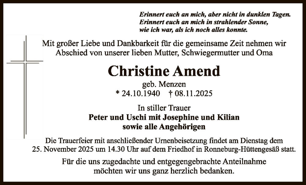  Traueranzeige für Christine Amend vom 15.11.2025 aus OFHA