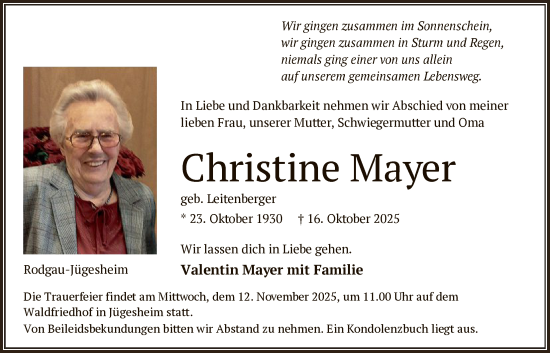 Traueranzeige von Christine Mayer von OFOP