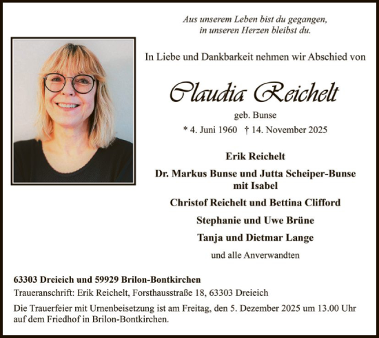 Traueranzeige von Claudia Reichelt von OFOP