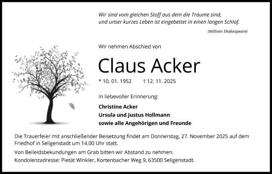 Traueranzeige von Claus Acker von OF0L