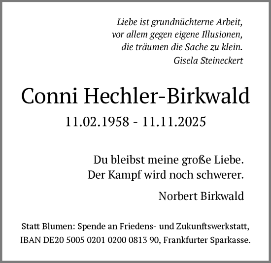 Traueranzeige von Conni Hechler-Birkwald von OFMF